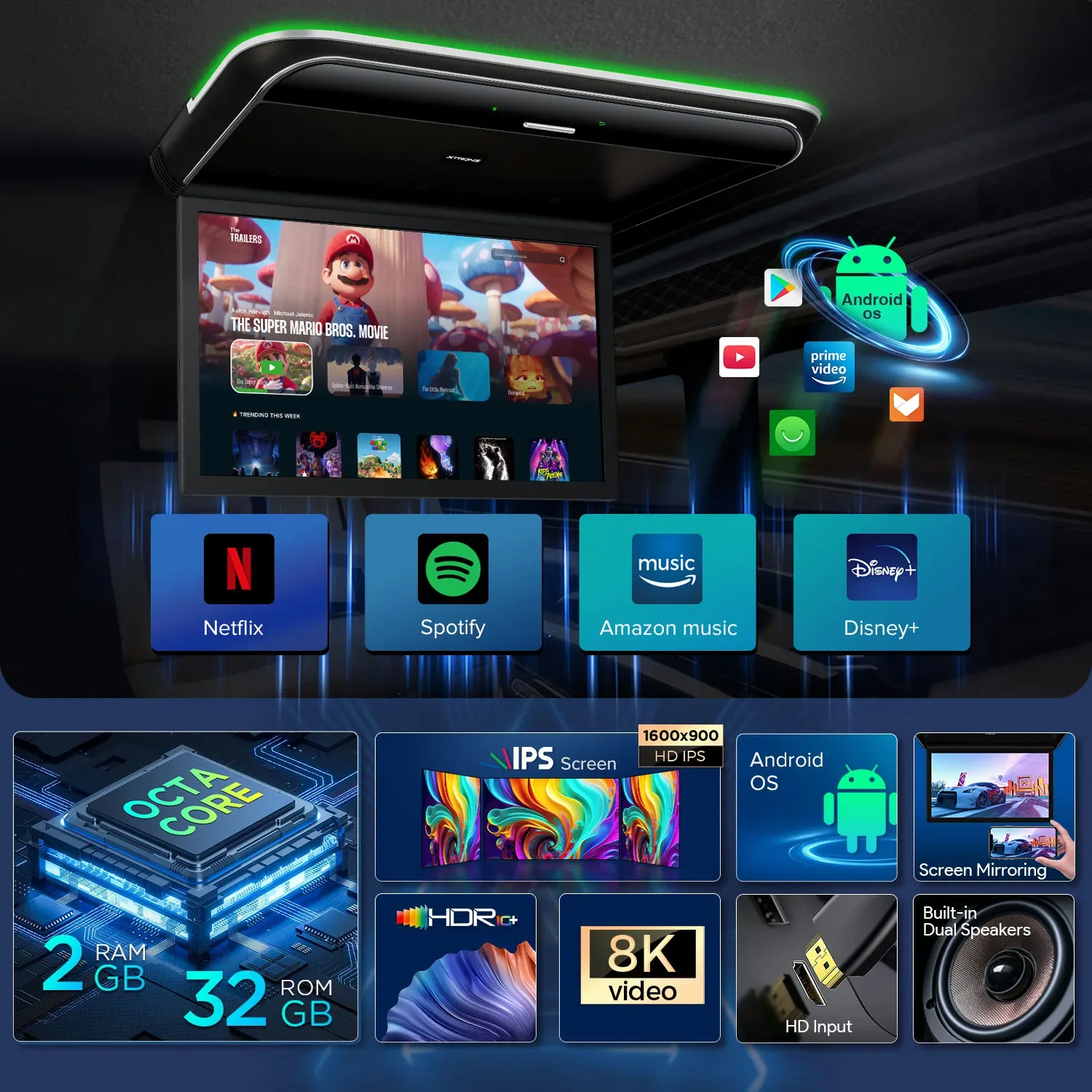 Monitor de Techo para Auto XTRONS de 19.5 Pulgadas, Android Octa-core, Pantalla IPS 8K, Ángulo Ajustable hasta 170° ° con Duplicación de Pantalla USB HDR RCA 2