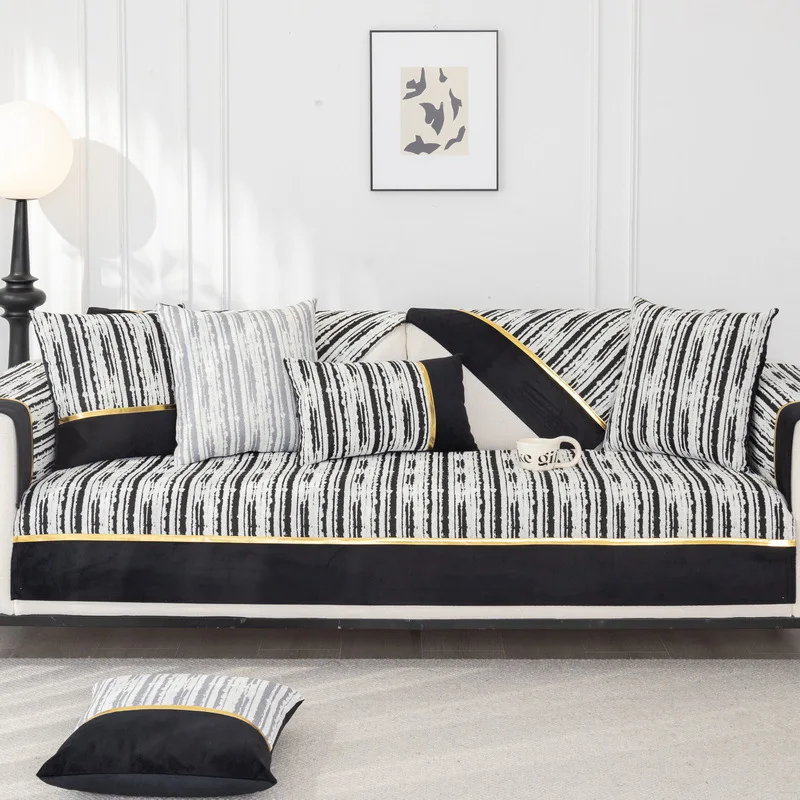 

Chenille Sofa Cover Solid Color Patchwork Striped Couch Cushion Sectional Couch Covers Four Seasons Universal Anti-Slip Sofa Mat