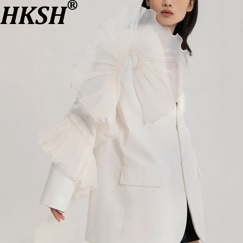 

HKSH Spring Autumn New Women Blazer Single Breasted Three-Dimensional Ruffled Mesh Asymmetric Design Temperament Jackets HK12334