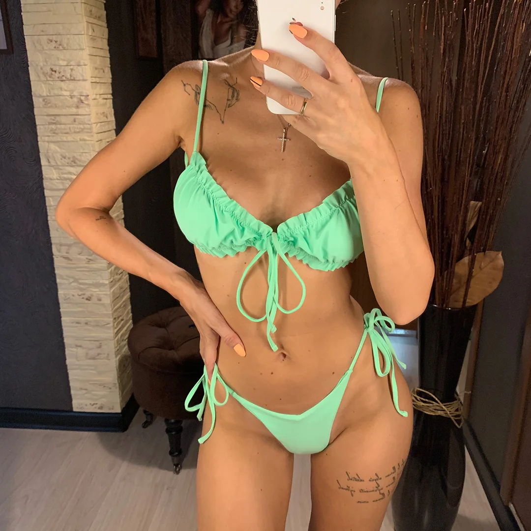 3 Farben, sexy Bikini mit Rüschen, zweiteiliges Badeanzug-Set für Damen, Badebekleidung, Schnür-Bikini, Badeanzug, Modell V2420. – Detail 2