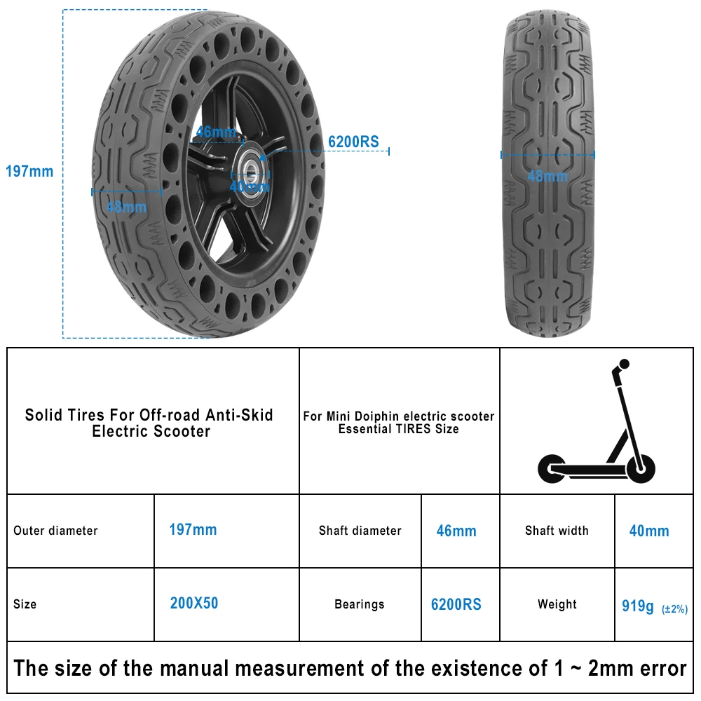 200x50 Honeycomb Solid Tire Explosion Proof Tubeless With Hub For Mini Dolphin Electric Scooter Solid No Inflation Tires