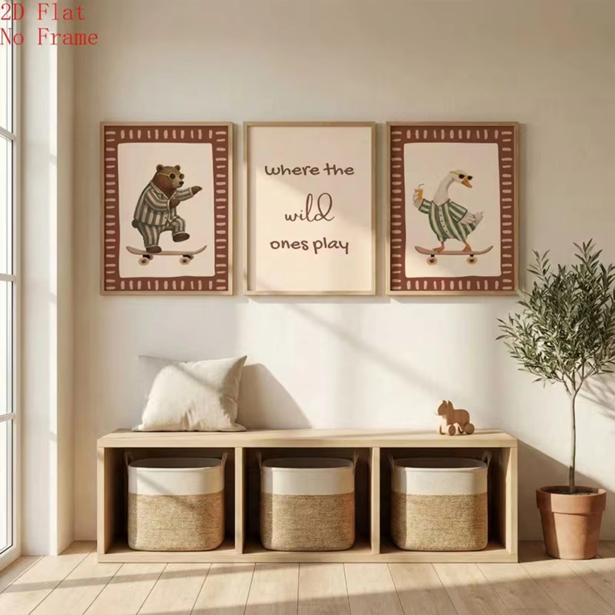 3pcs Retro Boho Skate Bear & Goose  Wall Art Print Canvas Painting Poster Picture For Living Room,Bedroom Home Decor