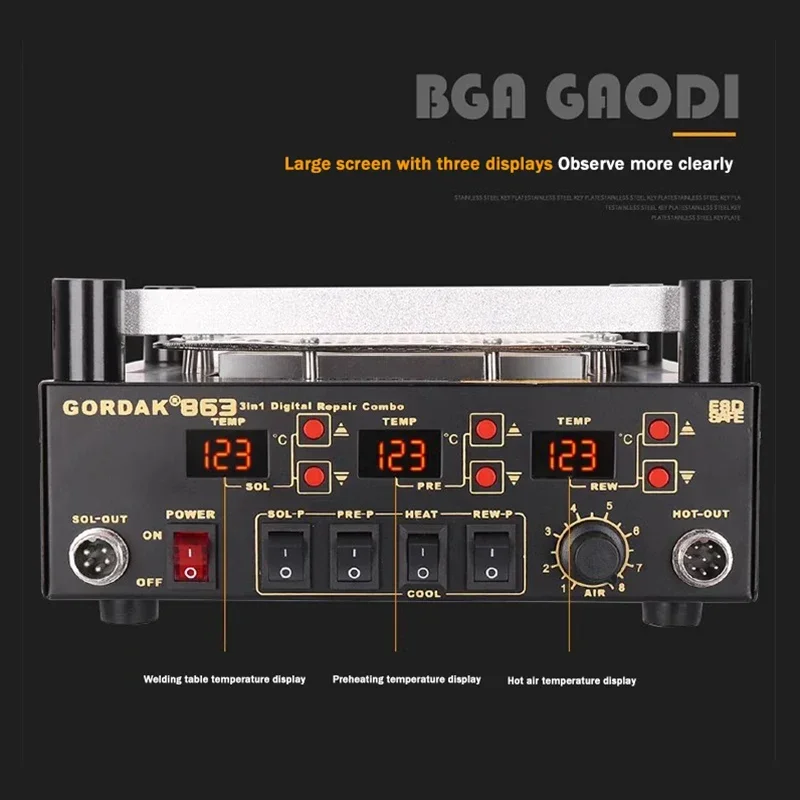 GORDAK 863 3 في 1 الرقمية الهواء الساخن الحرارة بندقية بغا إعادة العمل محطة لحام سبيكة لحام كهربائي الأشعة تحت الحمراء محطة التسخين المسبق