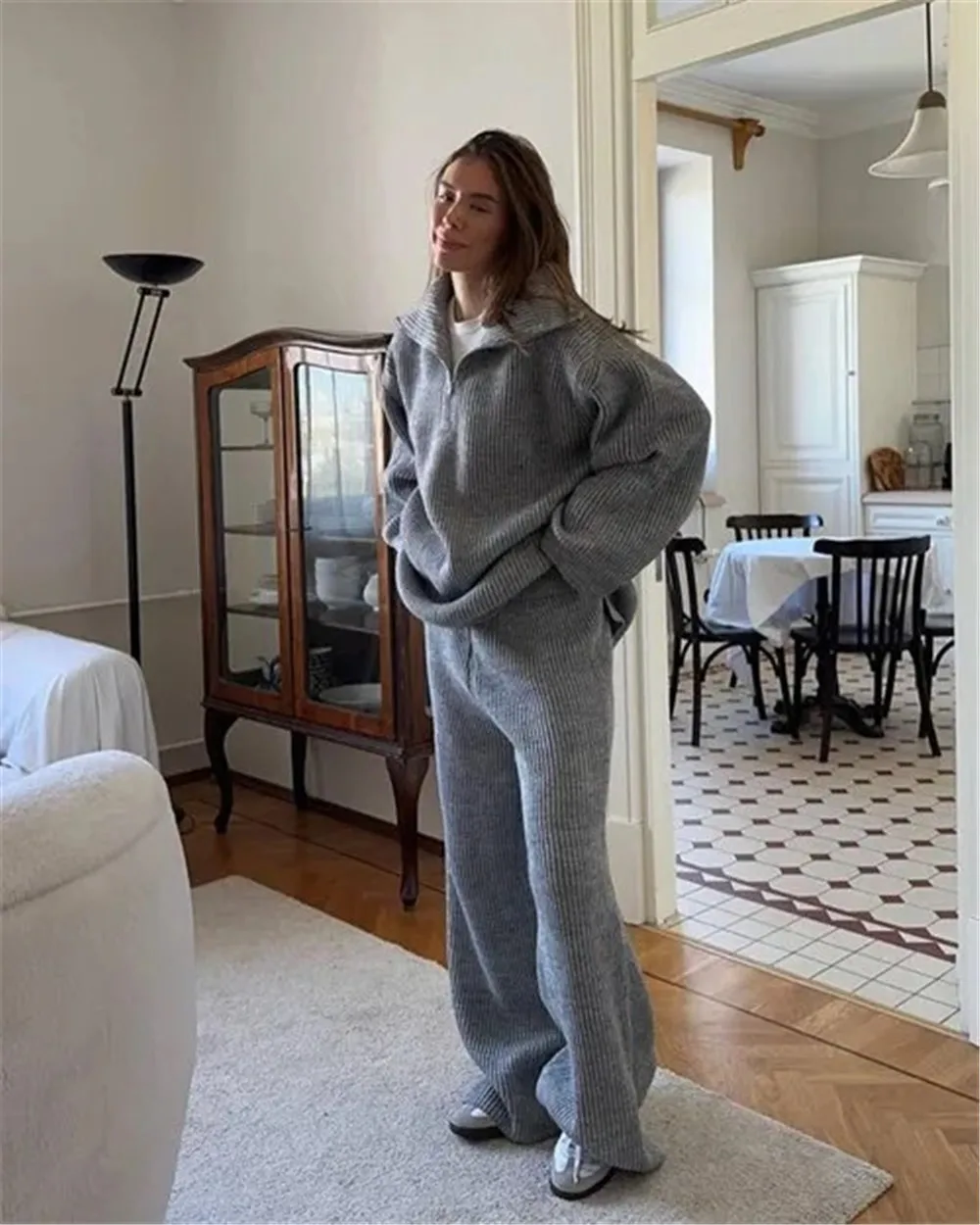 

Solid Knitted Loose Wide Leg Pants Sets Autumn Turndown Collar Long Sleeve Zipper Sweater Streetwear Fashion Casual 2 Piece Set