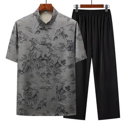 (Top + Pants) Middle-aged and Elderly Men Imitation Fragrant Cloud Gauze Tang Suit Chinese Style Pan Buckle Hanfu Suit