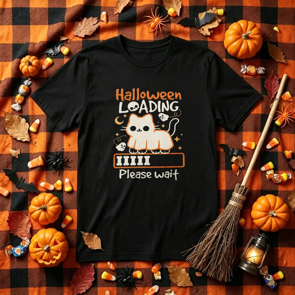 Halloween Loading Please Wait Ghost Cat Graphic T‑Shirt Cute Ghost Cat Progress Bar Moon Star Skull Funny Spooky Casual Tops Tee