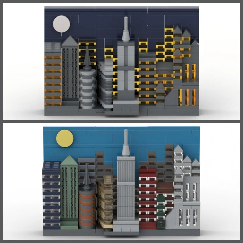 MOC المعمارية عرض الشارع سلسلة النهار والليل المناظر الطبيعية الحضرية أفق اللبنات نموذج DIY بها بنفسك ألعاب أطفال هدية عيد ميلاد