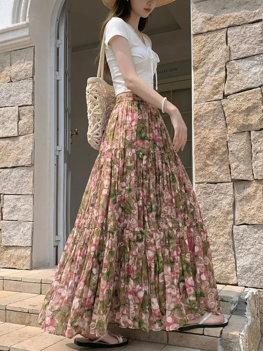 Women's High-Waisted Oil Painting-Style Floral Print Midi Skirt Elastic Waist Patchwork Summer Holiday Skirts