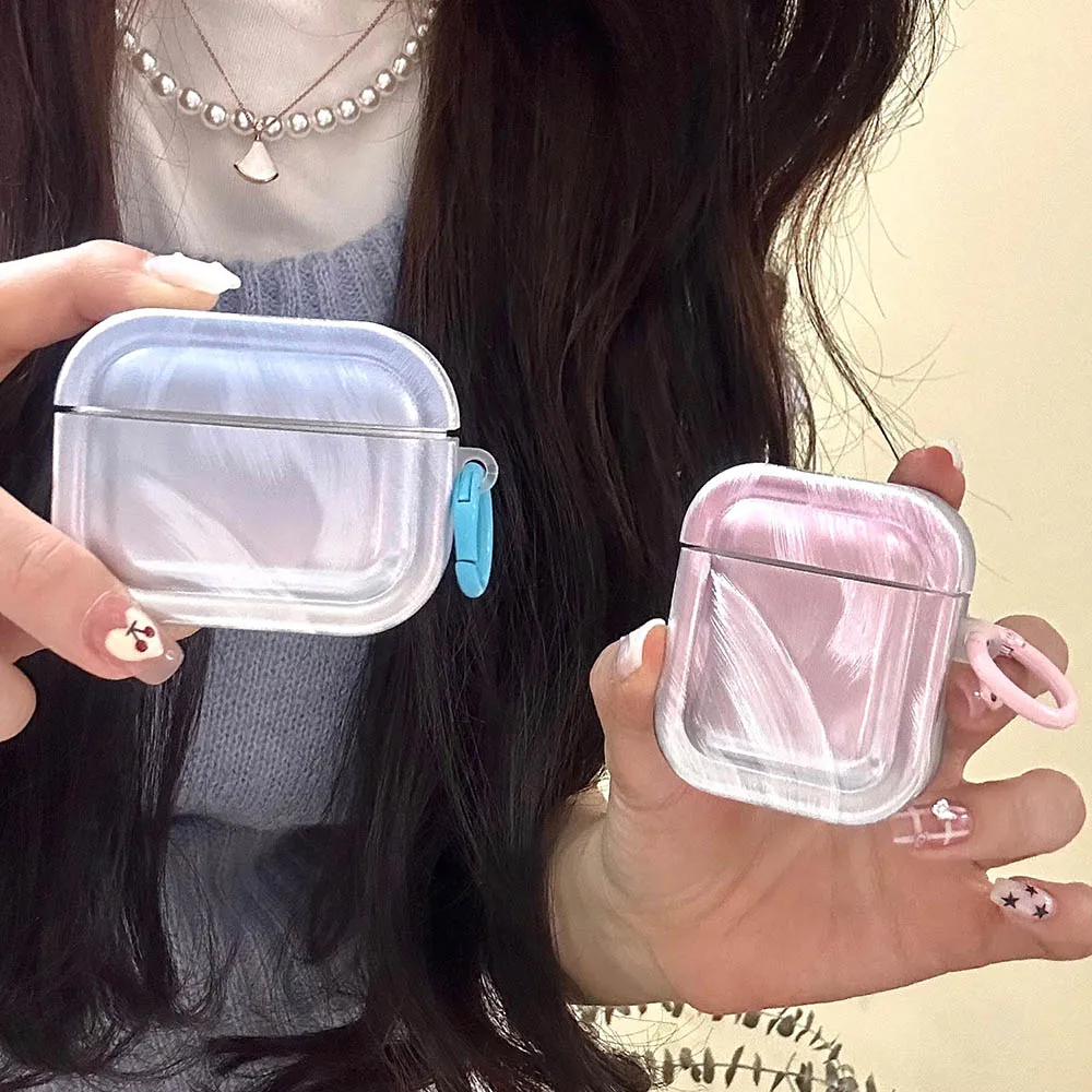 حافظة فتاة متدرجة جميلة لأجهزة AirPods Pro 2nd حافظة لأجهزة Airpods 3 2 1 Pro غطاء سماعة أذن بنمط ريشة فضية مع سلسلة مفاتيح حلقية