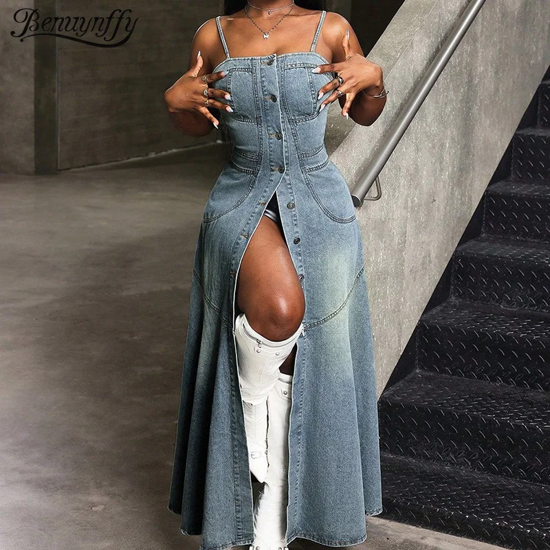 

Benuynffy Vintage Single Breasted Mermaid Hem Denim Dress Women's Sexy Spaghetti Strap Club Party Elegant Jean Long Dresses