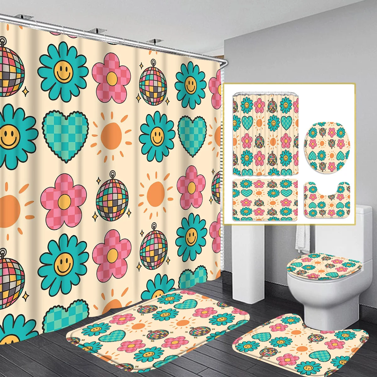 

Smiling face 4pcs Cartoon Characters Shower Curtain Collection - 12 Hook Shower Curtain with Non-Slip Rug, Toilet Mat and