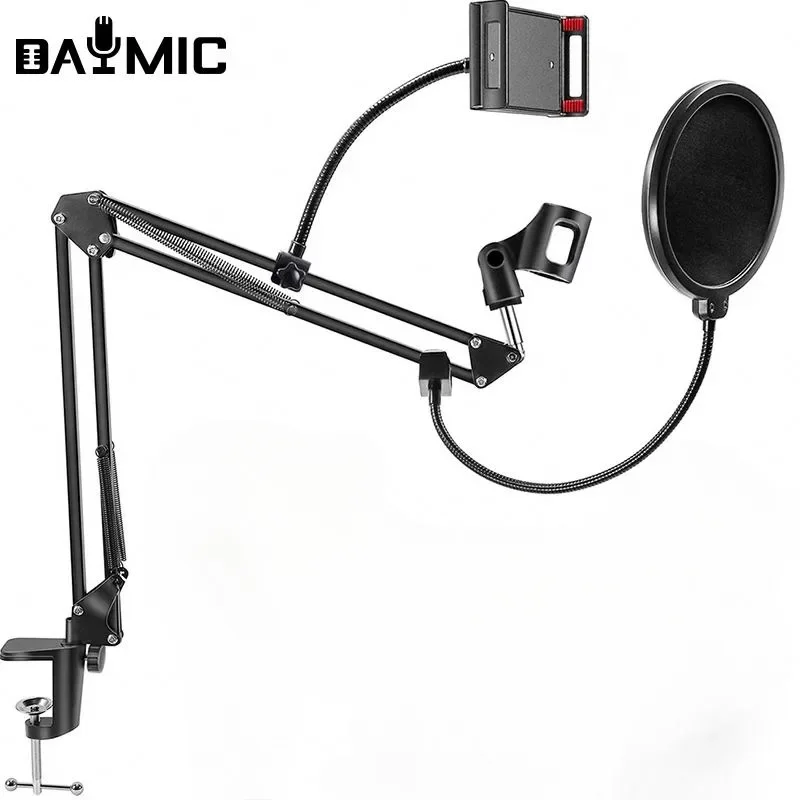 Adjustable Suspension Mic Boom Arm Stand Microphone Scissors Clamp with Phone Holder for Professional Streaming