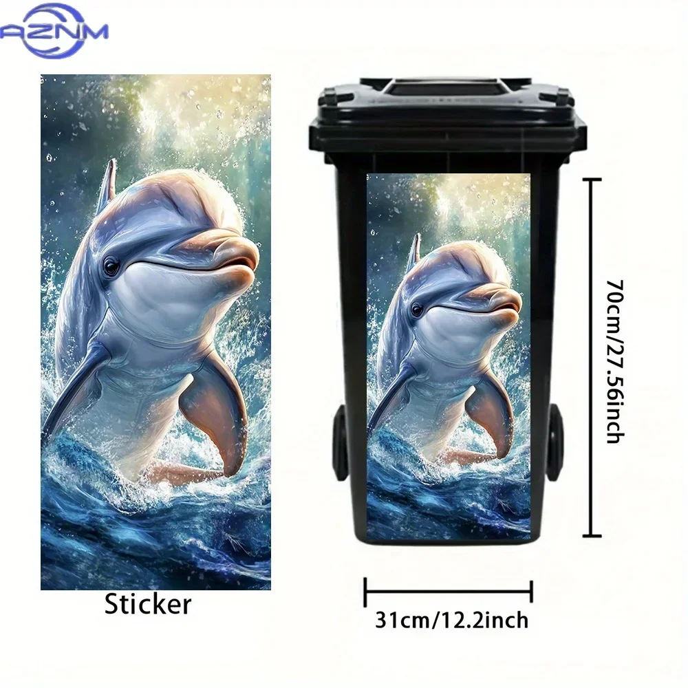 2D 1PC1pc, Dolphin Wave Digital Art Theme, Trash Can Sticker, Self-Adhesive PVC Decal, Outdoor Waterproof, Suitable for Garbag
