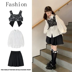 Dresses Korean Puff sleeve Loose Cute White Top Vintage 3-Piece Set Mini Skirt y2k Woman Bow Vest Spring New preppy style Sets