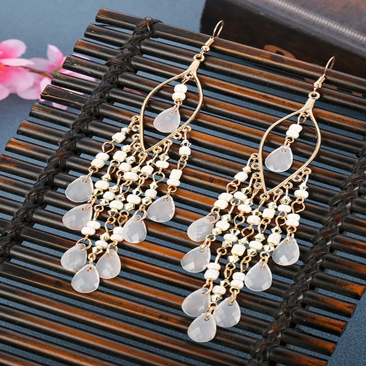 Fashionable Bohemian long tassel bead earrings, vintage elegant vacation style headwear for women