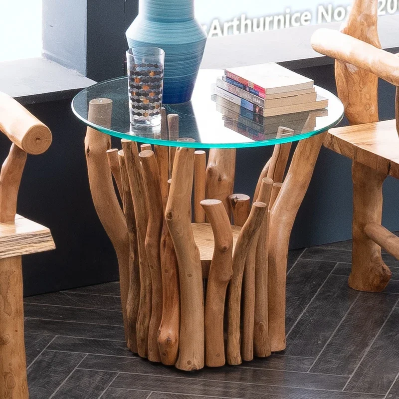 

Coffee Table Side Table Glass Original Ecology a Block of Wood Or Stone 60 * 60cm Home Balcony Irregular Creative Furniture