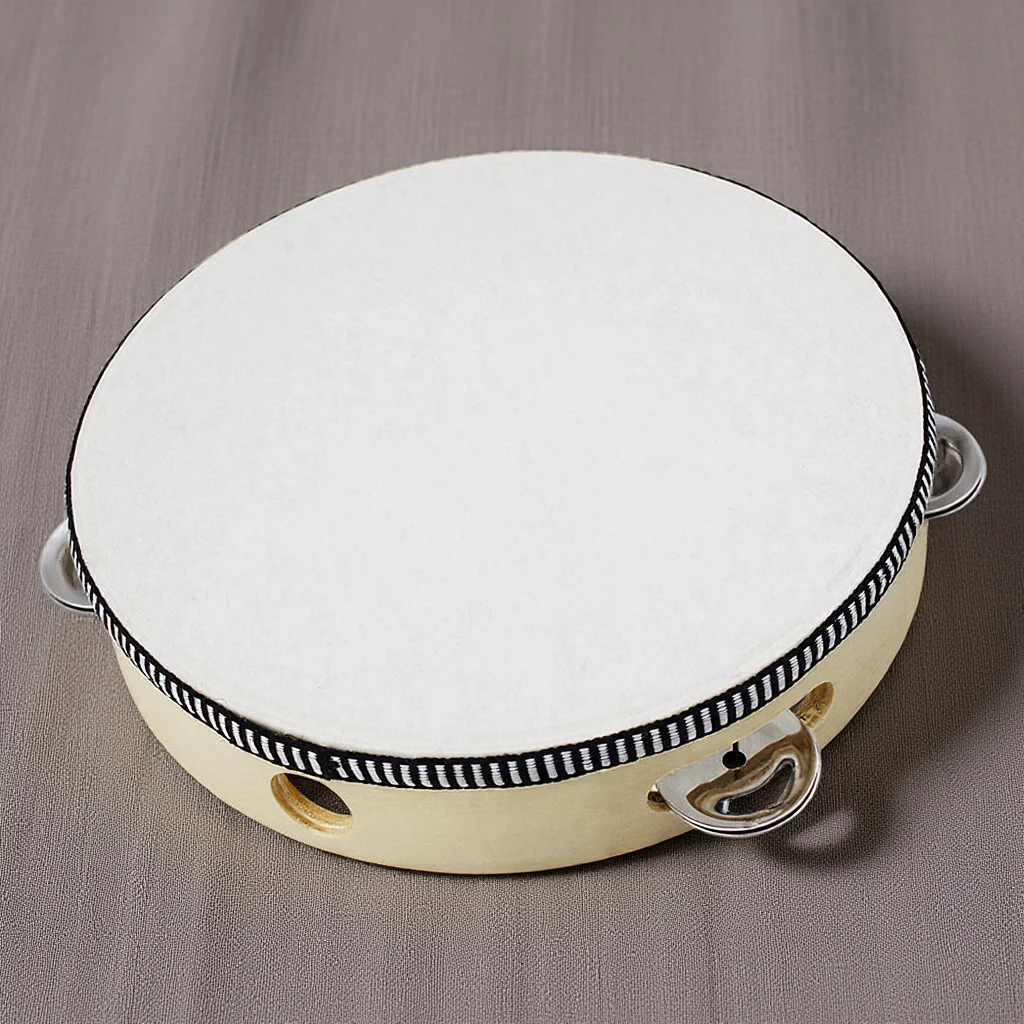 

Sheepskin Tambourine Hand Held 10 Inch Birch Drum Metal Jingles Percussion Instrument for Party Dance Ktv Concert