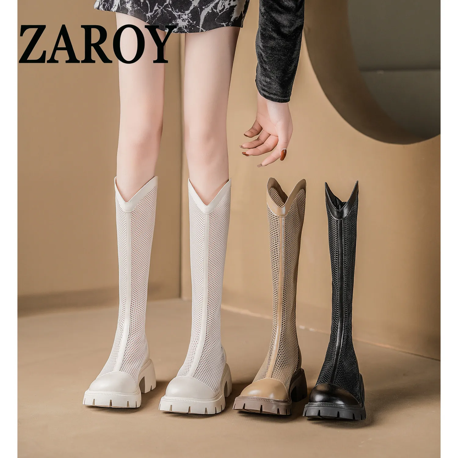【Outlet Clearance】Summer long boots for women, thin breathable mesh thick-soled perforated V-neck mesh boots. Summer boots