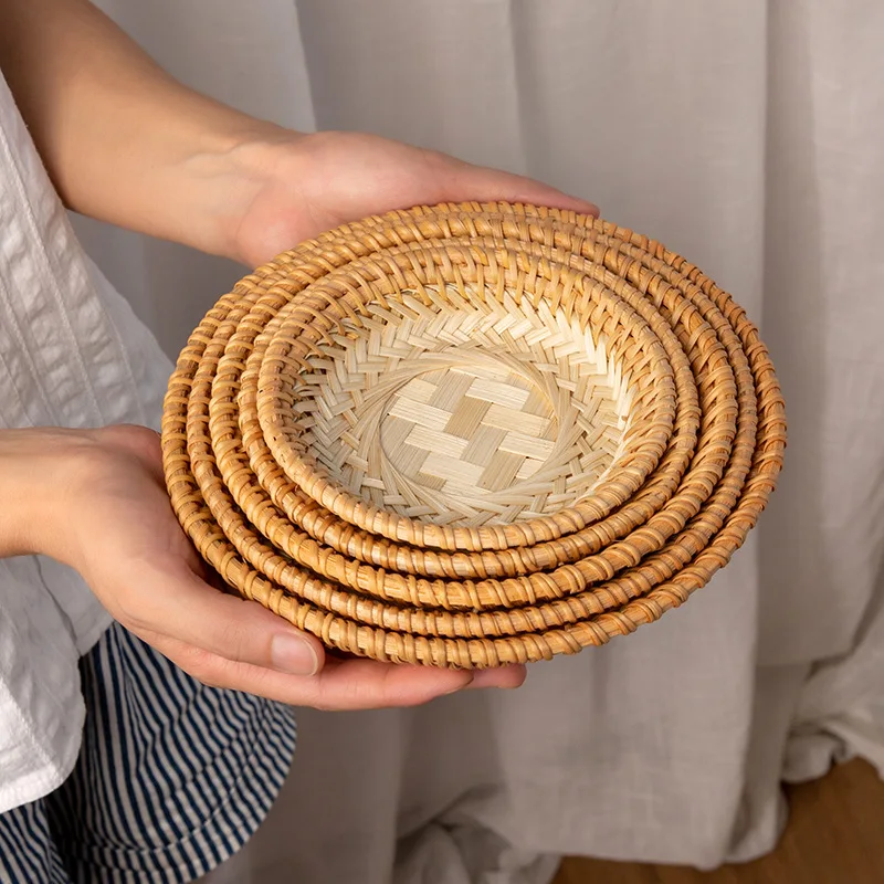 3/5pcs Handmade Rattan Bamboo Woven Basket Set Round Storage Tray Fruit Bread Plate Wall Hanging Decor Home Kitchen Organizer