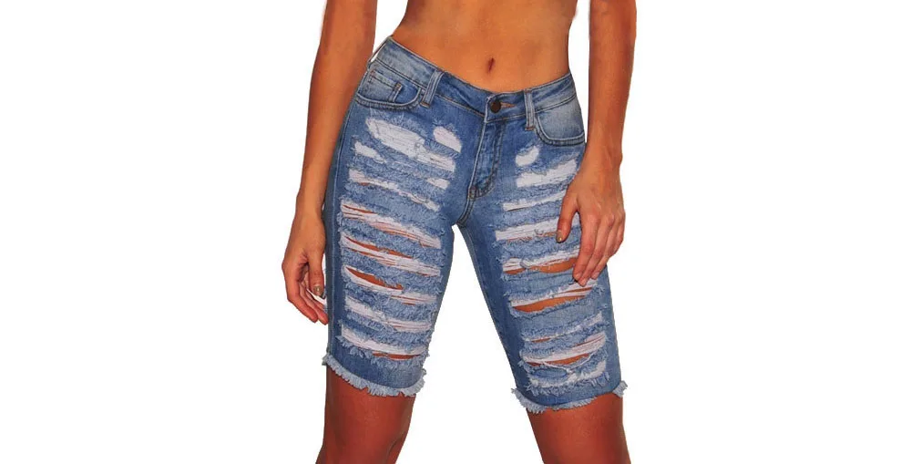 Jeans azul casual feminino, buracos quebrados, nova moda, primavera e verão, 2023