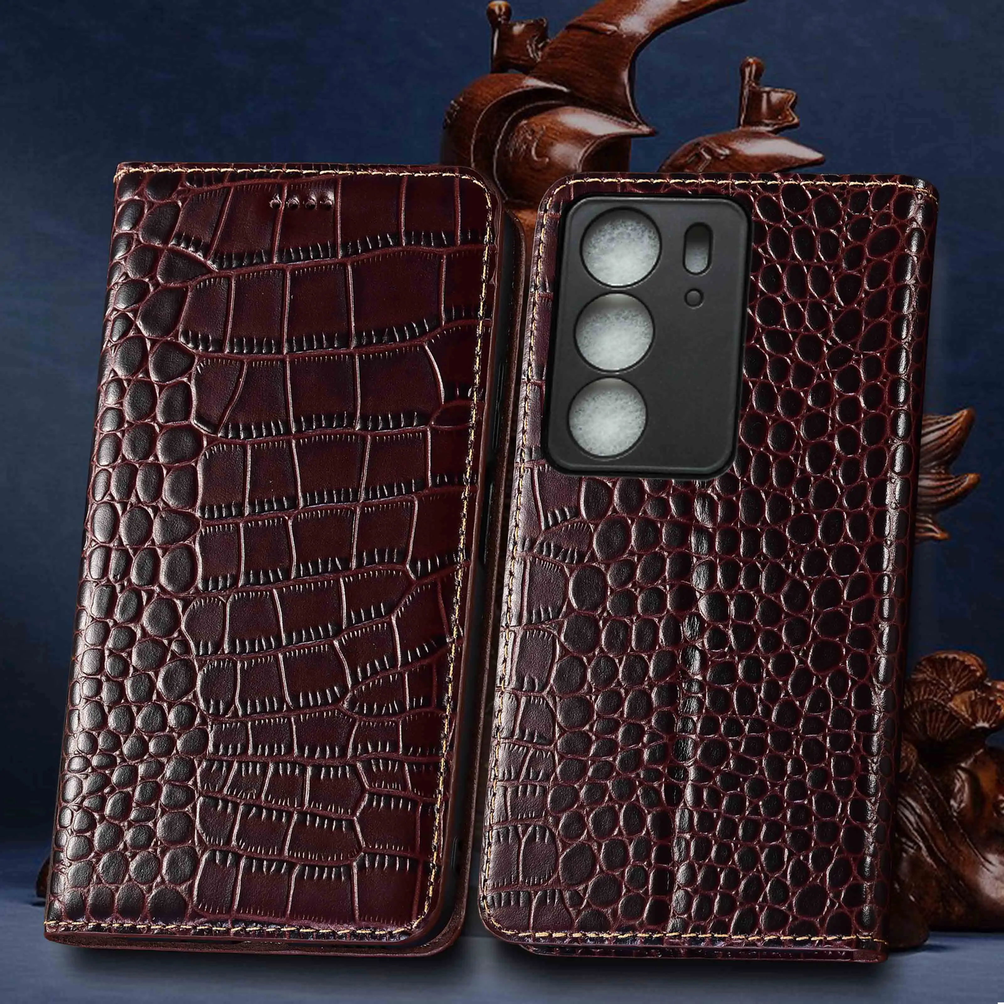 

For Realme C85 C75 C75X C71 C67 C65 C63 C55 C53 C51 C35 C33 C31 C30S C30 C25Y C21Y Crocodile Pattern Genuine Leather Phone Case