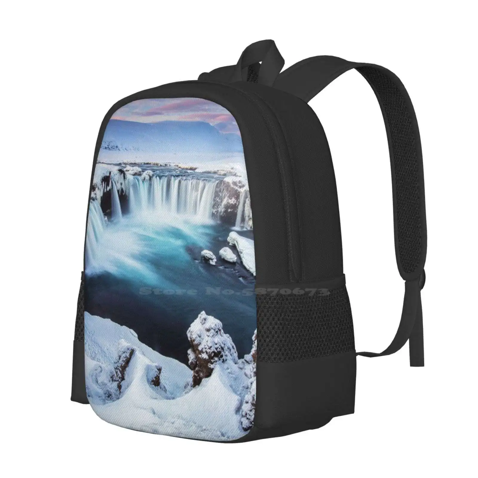 Godafoss-The Waterfall Of The Gods Pattern Design Bag zaino per studenti Godafoss Waterfall North islanda Winter Long Expousre