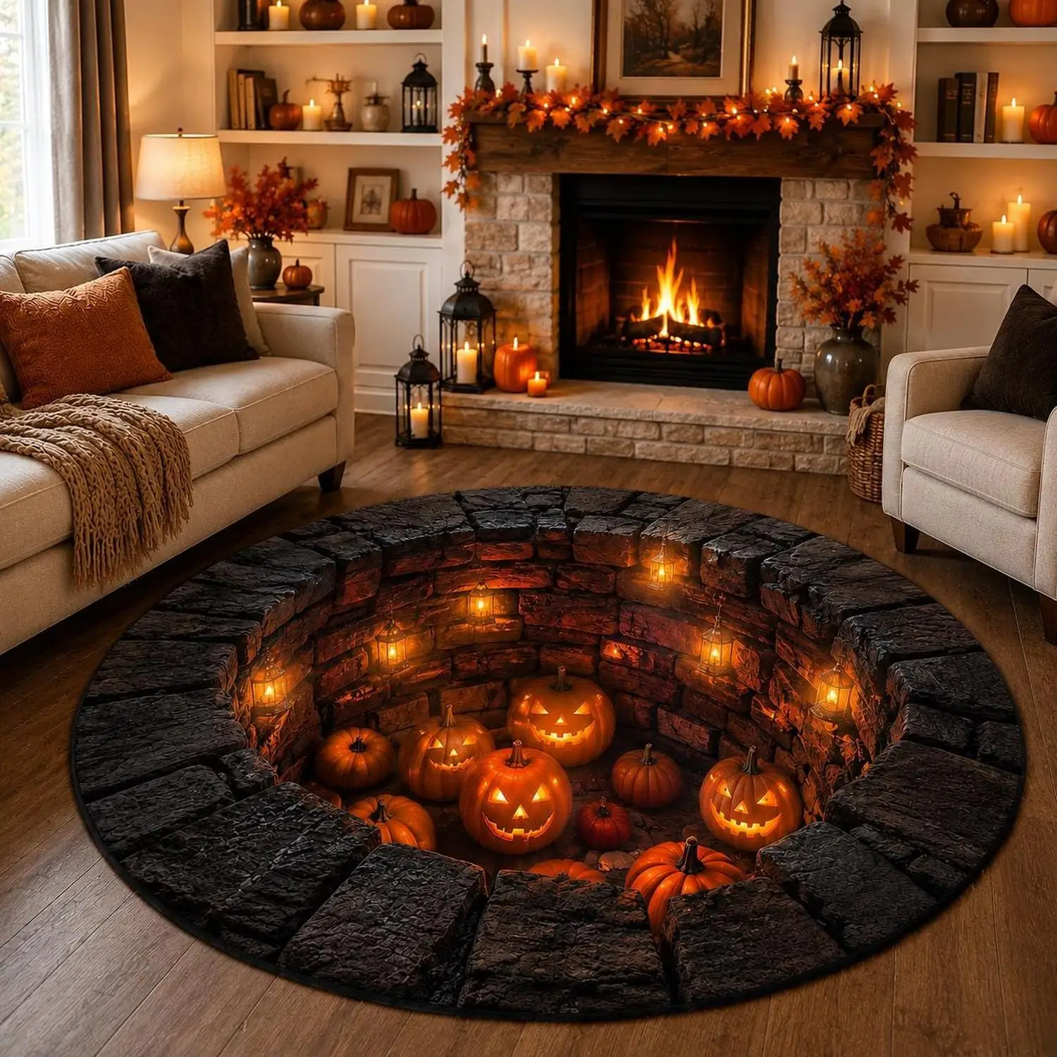 【Room Decoration Carpet】Halloween Pumpkin 3D Quilted Carpet, Jack-O'-Lantern Round Carpet, Ghost Well Area Rug, Haunted House Floor Decoration, Pumpkin Pit Carpet