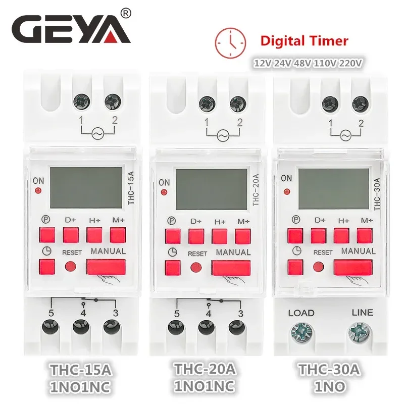 GEYA THC 15A 20A 30A Time Switch Weekly Programmable DIN Rail LCD Digital Timer Switch ACDC 12V 24V 110V 220V 240V