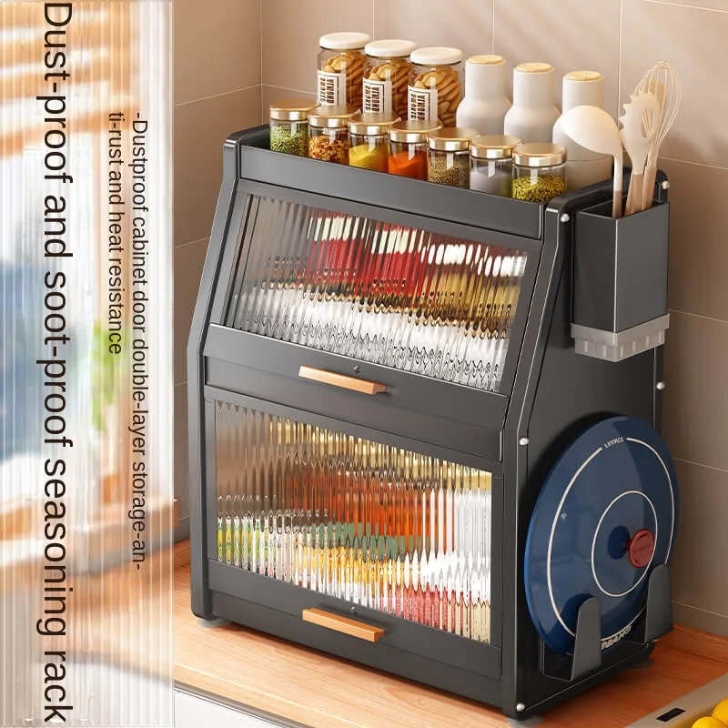 

Spice Rack with Door - Dust-proof Kitchen Storage Cabinet for Multi-functional Organisation of Oil, Salt, Sauce, and Vinegar