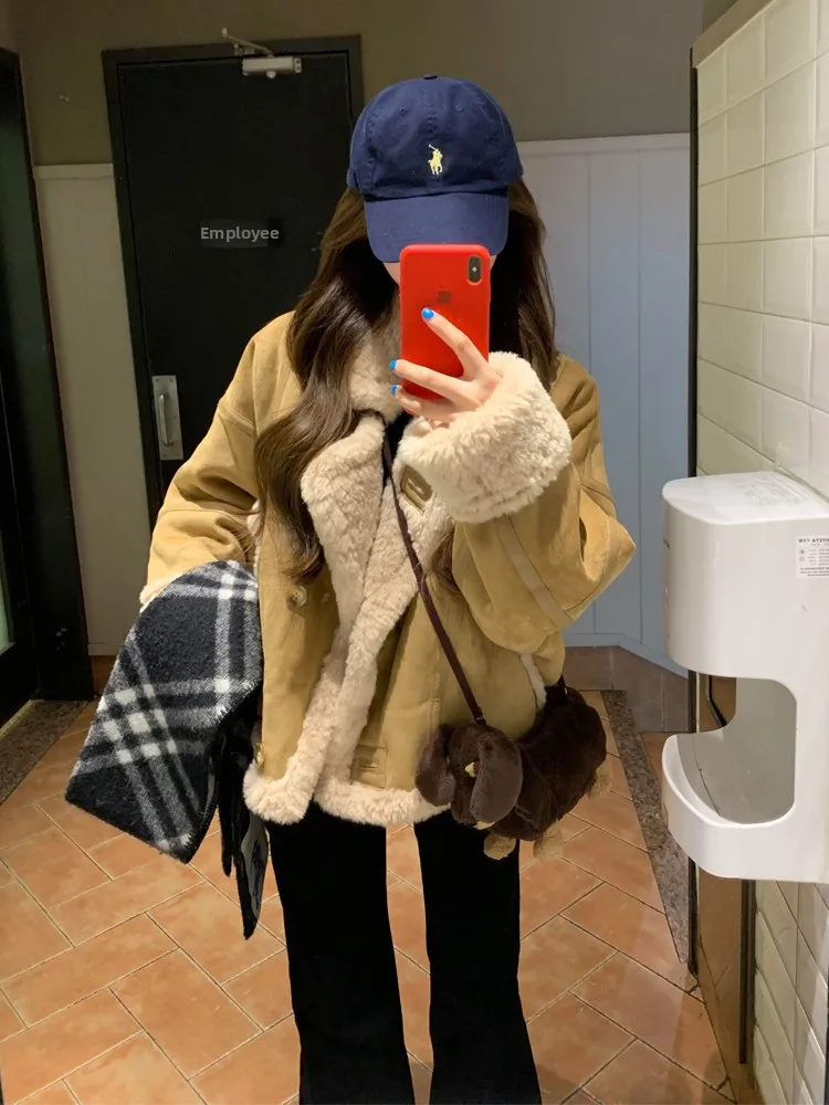 Novo avançado camurça pele de cordeiro jaet feminino ort casual elegância tamanho pequeno couro pele intercada casaco calor aleta design