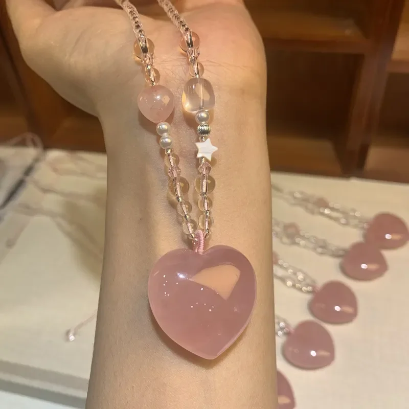 Peach powder crystal big love sweater chain necklace atmosphere pink necklace women's gift sweater pendant crystal necklace
