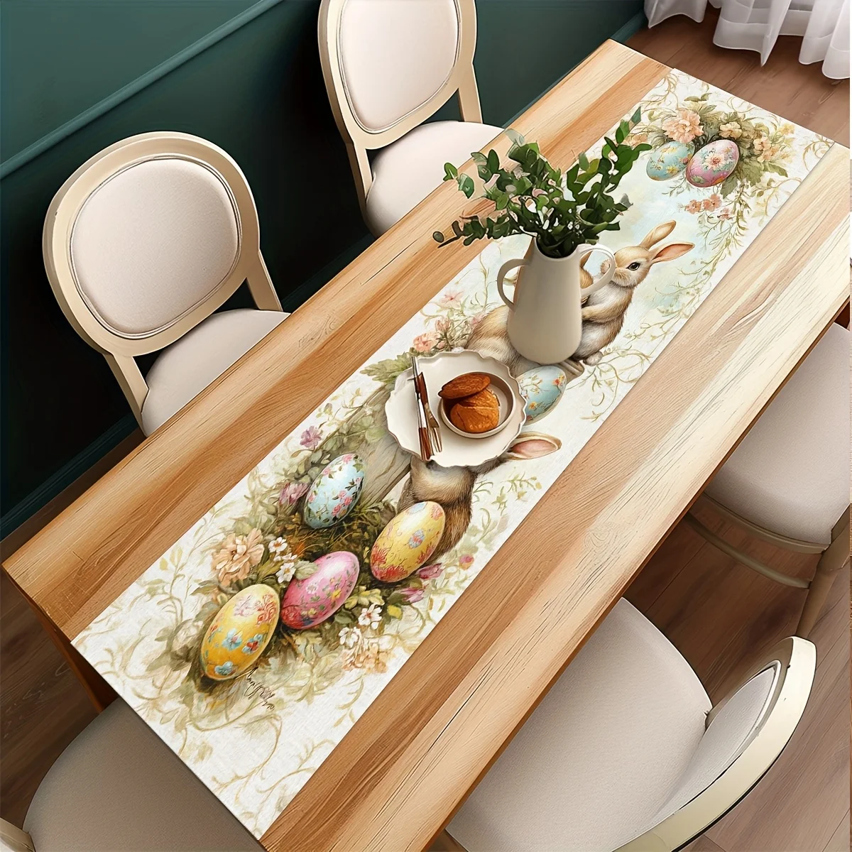 The Easter Bunny And Egg Designs Table Runner Bringing The Vitality of Spring Festive Rectangular Tablecloth for Kitchen Decor