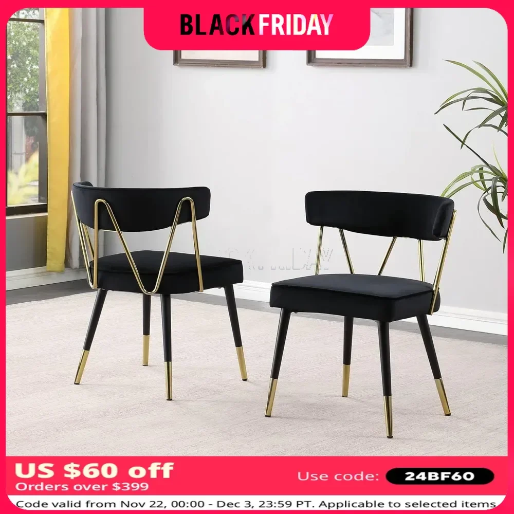 Dining Chair Set of 2 with Gold Accents, Soft Velvet Upholstery, Metal Frame, Zig-zag Backrest Design, Metal Dining Chair