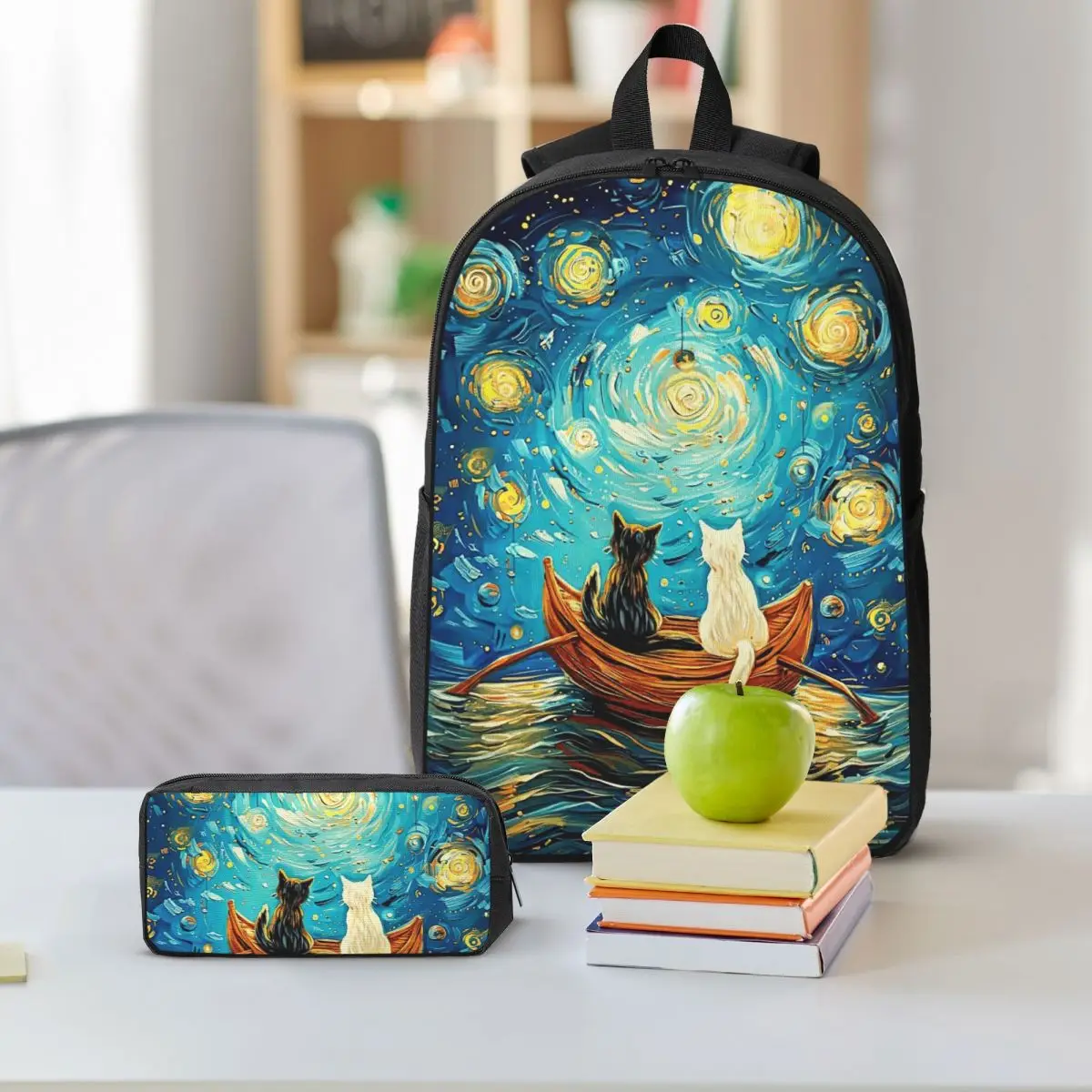 Starry Night Cats Artistic Backpack Student BookBag School Bag Shoulder Bags 3ps Insulated Lunch Bag Pencil Case