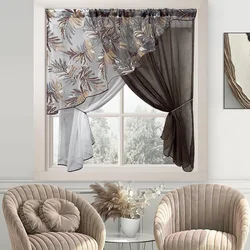 Chic Brown Leaves Printed Short Valance Curtain Semi Sheer Light Filtering Tulle For Kitchen Farmhouse Office Decor