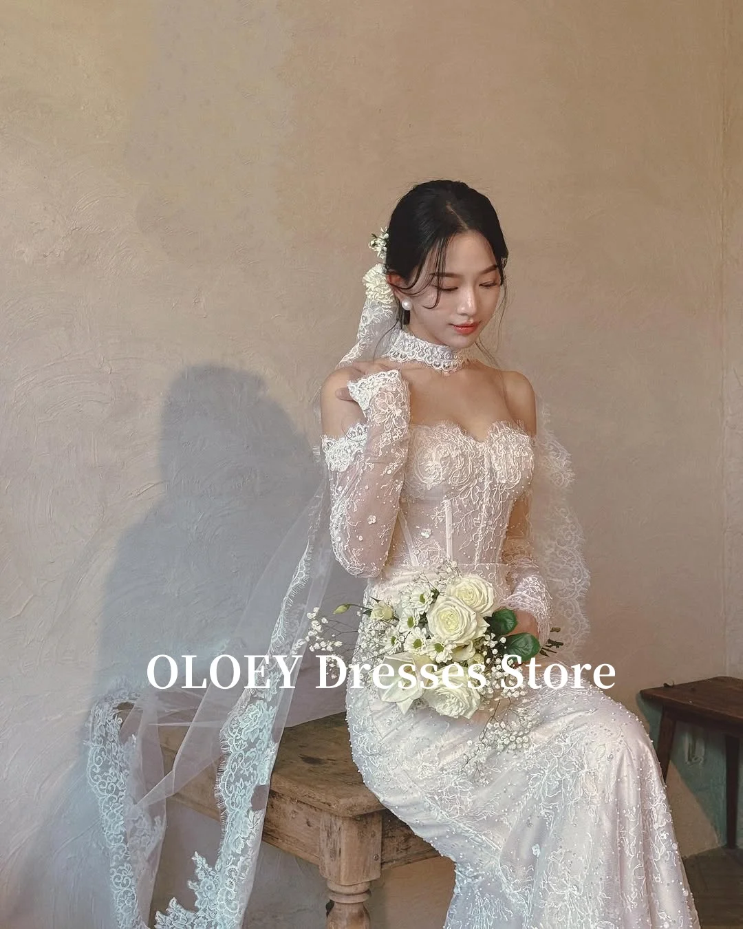 OLOEY Elegant Off Shoulder Mermaid Wedding Dresses Korea Photo shoot Long Sleeves Lace Bridal Gowns With Veil Customized
