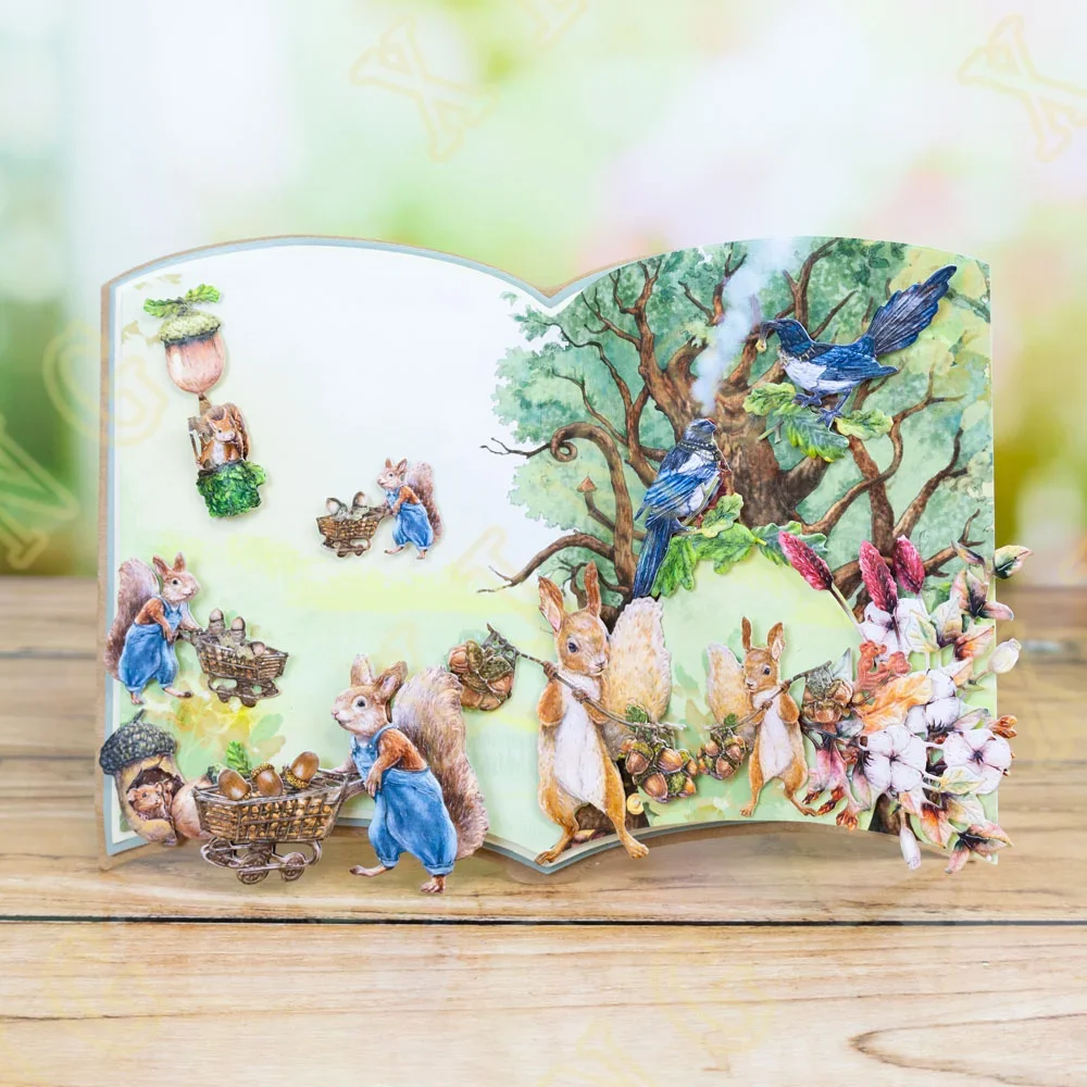 Metal Cutting Dies Scrapbook Diary Decoration Stencil Embossing Template DIY Greeting Card New Squirrel Gathering Acorn Blooms