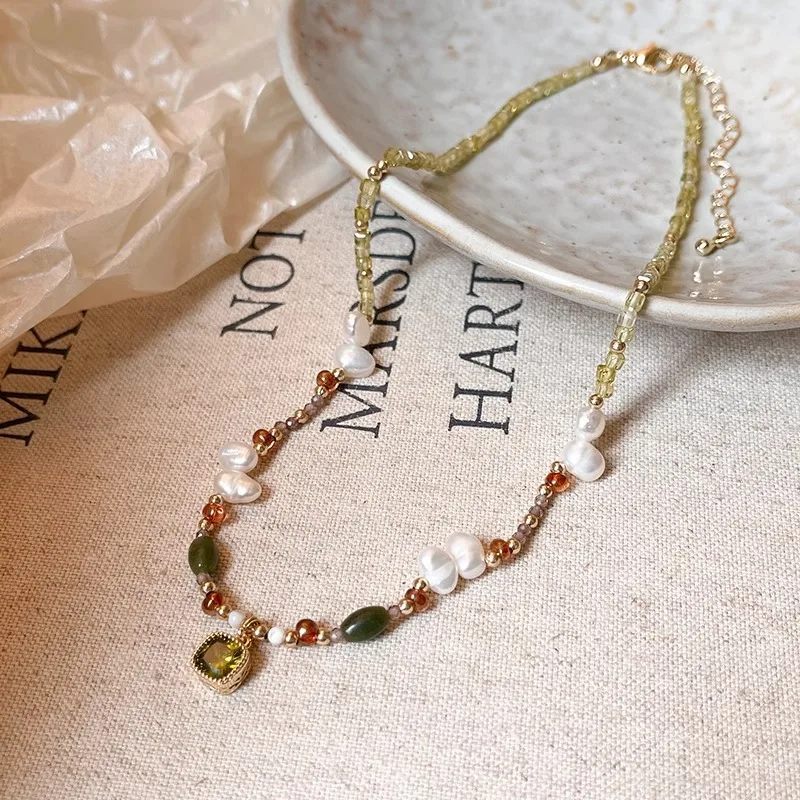 2025 New Arrival Elegant Emerald Olivine Stone Natural Freshwater Pearl 14K Gold Filled Female Chain Necklaces Jewelry For Women