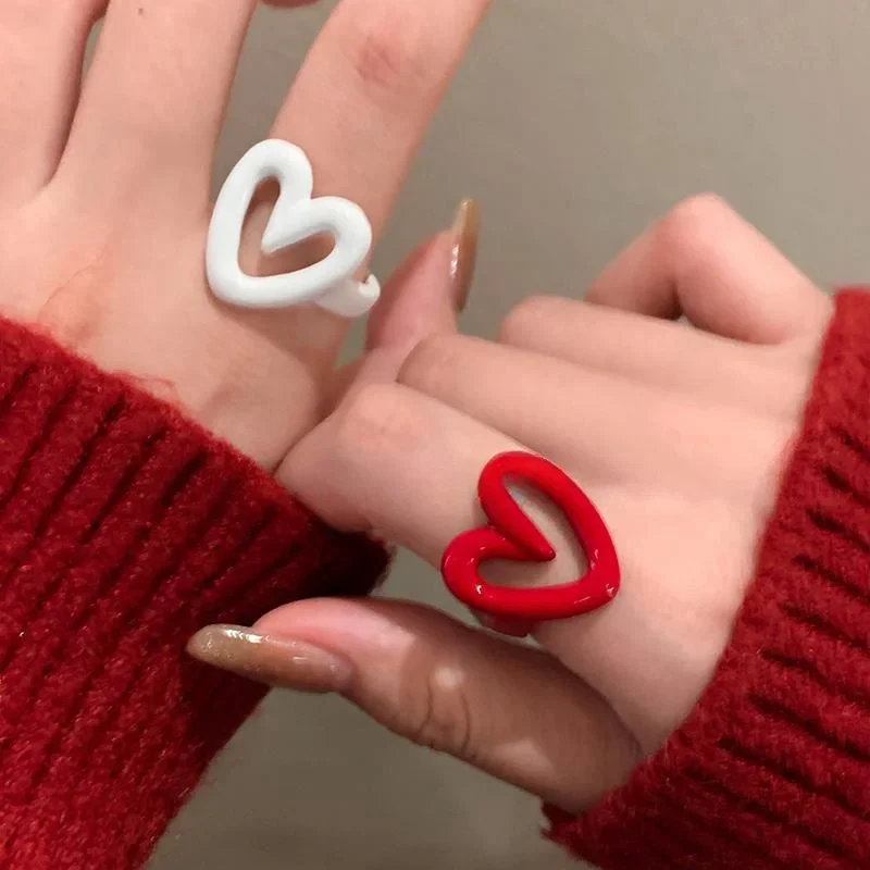 White Red Enamel Heart Sweet Ring Trendy Geometric Dripping Oil for Women Girls Funny Y2K Opening Rings Jewelry Gift Wholesale