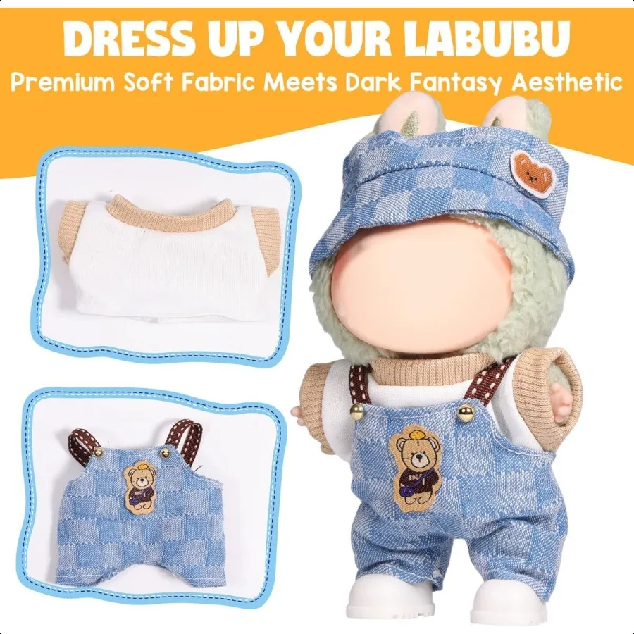لملابس Labubu لملابس Labubu مجموعة ملابس لدمية Lububu 17 سنتيمتر 3 قطعة مجموعة ملابس قبعة لـ LA BUBU للأولاد والبنات Styli
