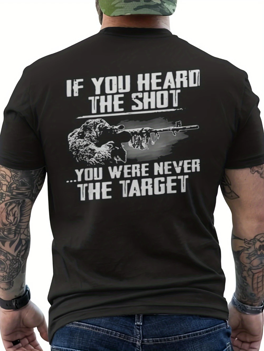 Black Cotton T Shirt Men's Regular Fit with Sniper Rifle and Text If You Heard The Shot You Were Never The Target Graphic Print