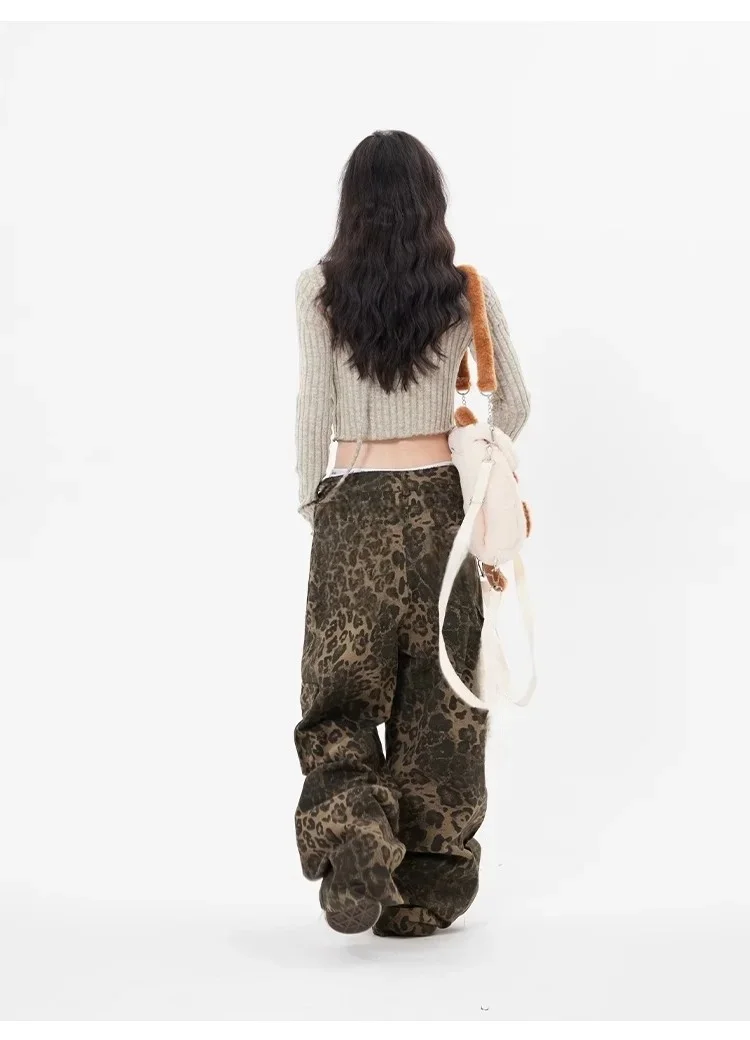 2026 Summer High Street Men's Pants Leopard Print Casual Vintage American Denim Pants Straight Wide Leg Loose Male Trousers Kids