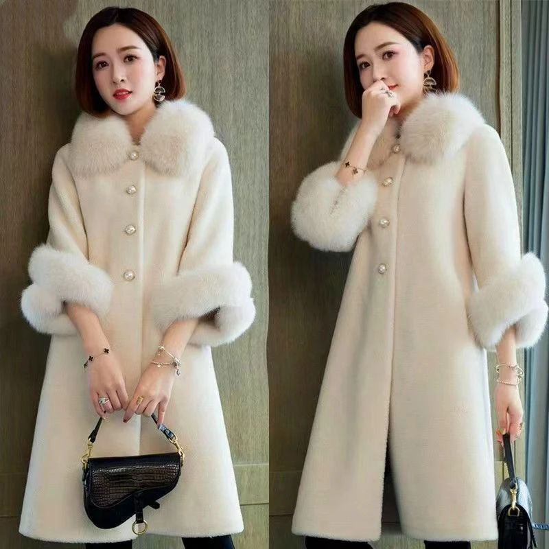 

New Style Elegant Loose Coat Autumn Winter Fur Fur Collar Thickened Fur Coat Women