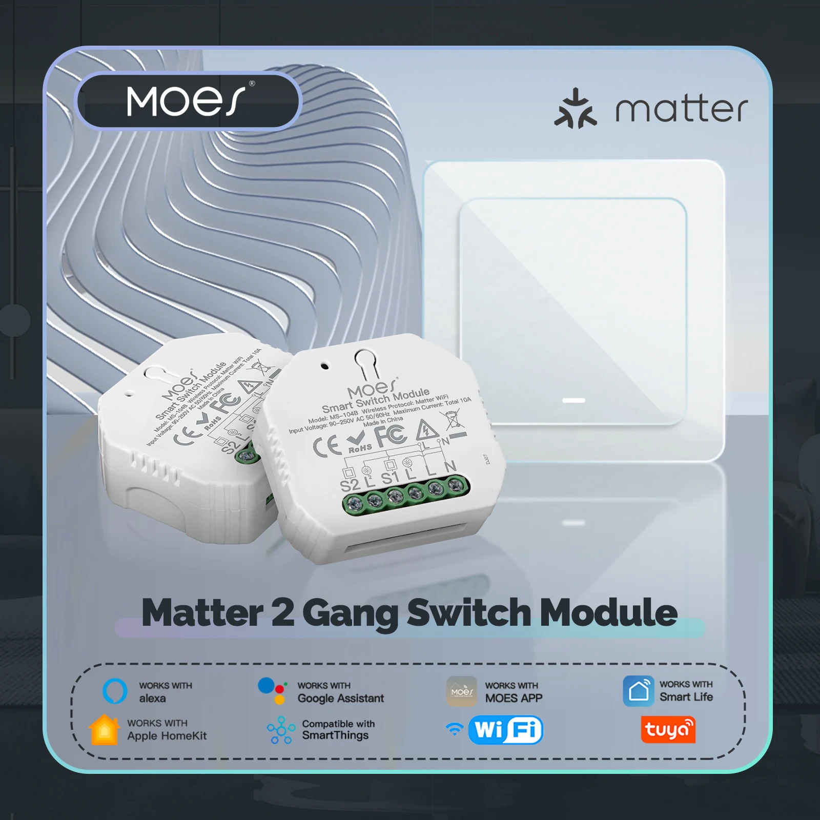 MOES Tuya Matter WiFi Switch Module 2 Gang Smart Automation Relay Timer App Remote Control Work With Alexa Google Home Apple