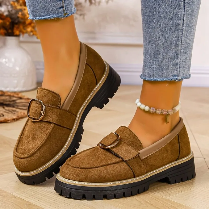 Low-Top Thick-Heeled Single Shoes for Women Spring Autumn New Style Retro British Style Slip-On Shoes round Toe Velvet Surface