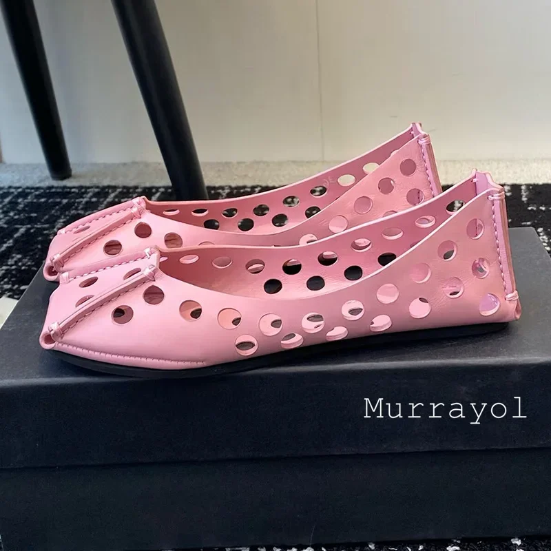 Solid Color Flat Bottom Ballet Shoes Women Genuine Leather Hollow Out Design Mary Jane Shoes  Spring Summer Sweet Single Shoes