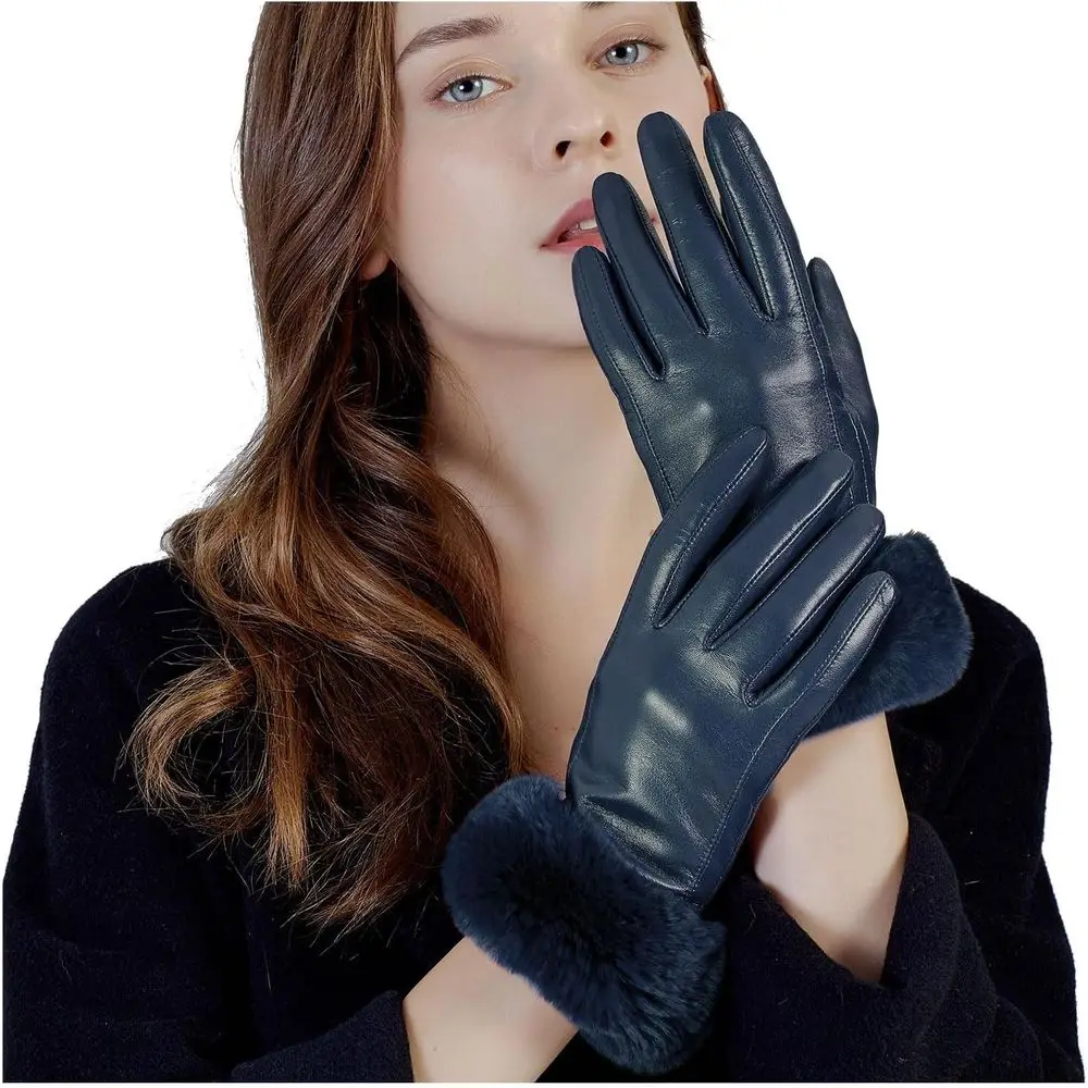 Damskie skórzane rękawiczki GSG z króliczym futerkiem na mankietach, dotykowe, ciepłe rękawice zimowe do prowadzenia samochodu, wielokolorowe.