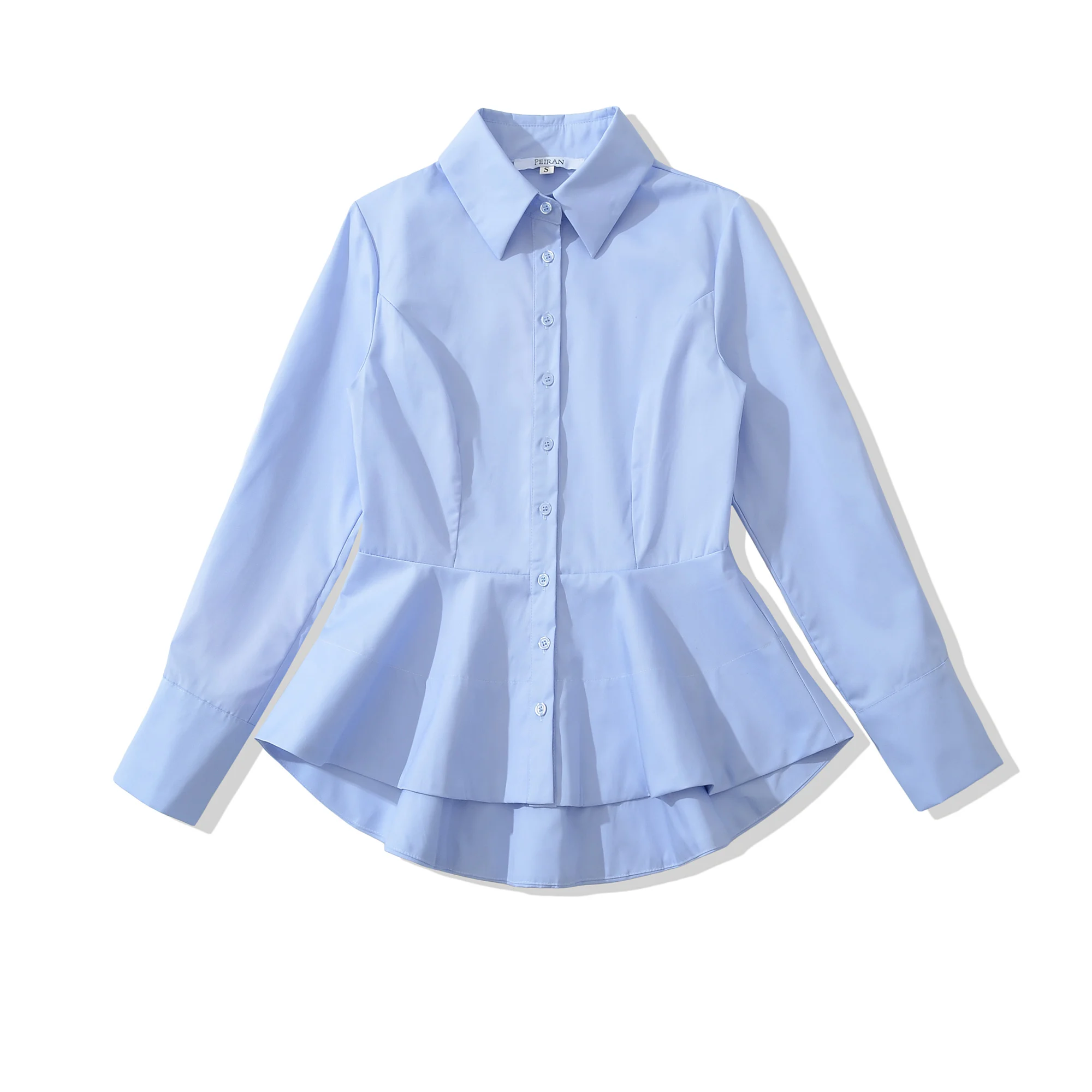 Stylish Women Light Blue Lapel Collar Long Sleeve Shirt Slim Waist Swing Hem Single-breasted Buttons Blouse Girl's Tops White