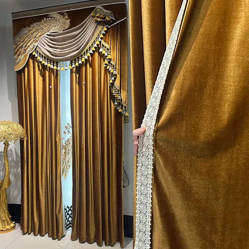 Custom Luxury velvet gold coffee high-grade bedroom peacock thick cloth blackout curtain tulle valance drape C2123