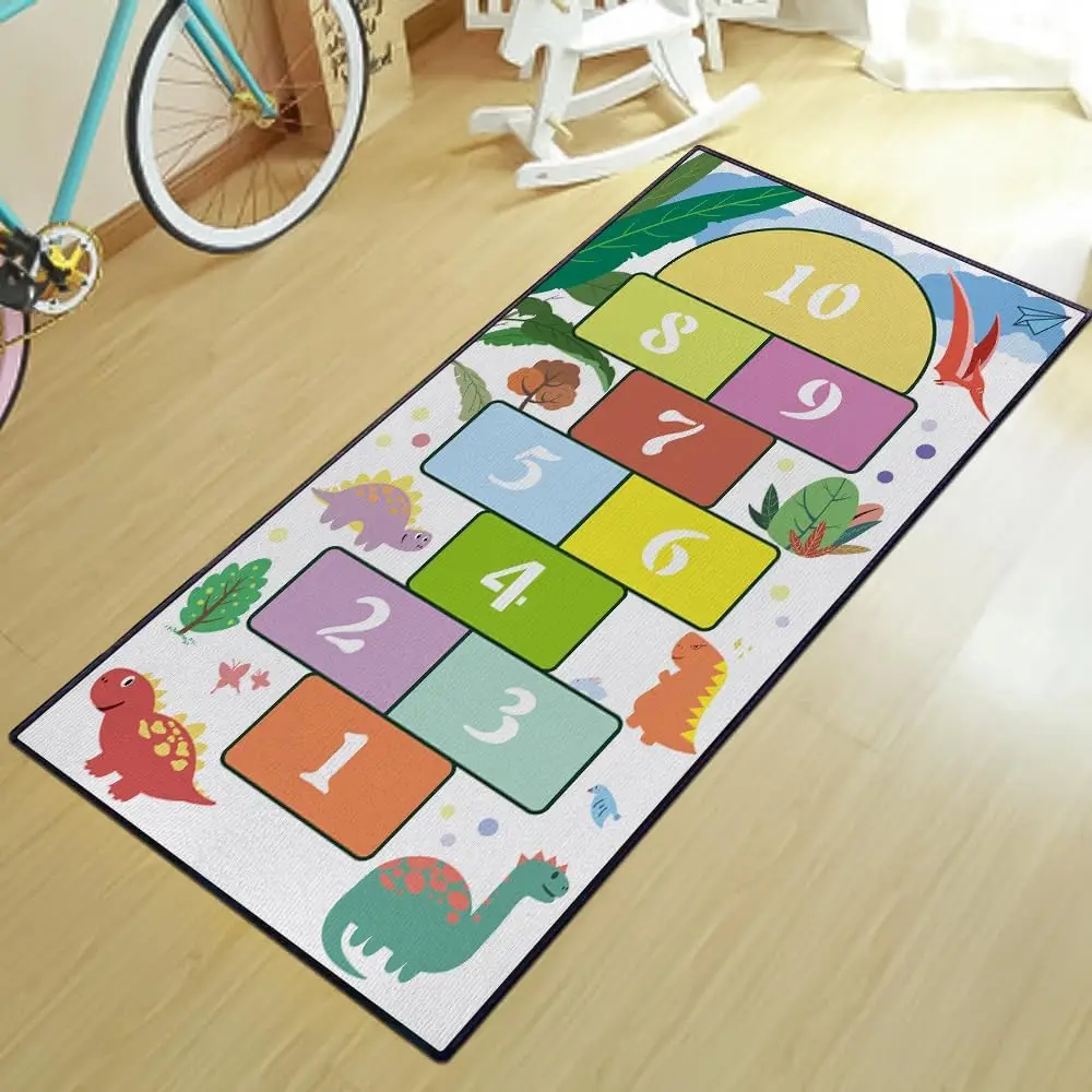 Dinosaur Hopscotch Runner Mat, Number Hop Game Cartoon Dinosaur Leaf Kids Decor Art Print, Non-Slip Washable Rug for Entry Hall